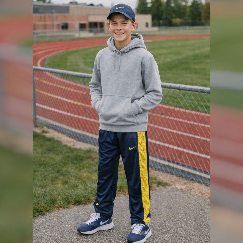 Nike Hoops Youth Boys L 14 16 Blue Yellow Side Snap Track Pants Athletic Warm Up